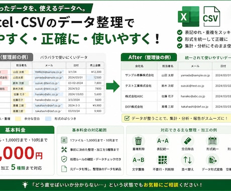 Excel・CSVのデータを整理・きれいにします 重複・表記ゆれ・空欄などを整理し、使いやすいデータに整えます イメージ2