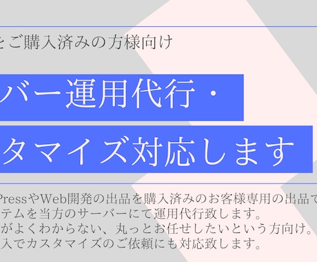 購入者様限定。サーバー運用代行します オプション購入でカスタマイズ依頼にも対応いたします イメージ1