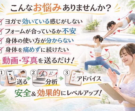 ヨガ・ピラティスで効かない原因をフォーム分析します 動画を送るだけ｜身体の使い方を丁寧に分析 イメージ2