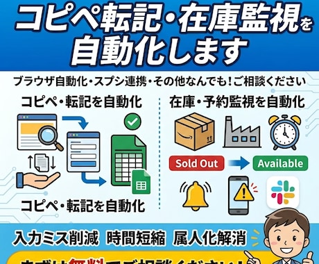 コピペ転記・在庫監視を自動化します ブラウザ自動・スプシ連携自動化・なんでもご相談ください！ イメージ1