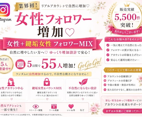 インスタ女性+鍵垢フォロワーMIXゆっくり増加ます 今だけ5人増量中！Instagram女性垢＋鍵垢女性混載 イメージ1