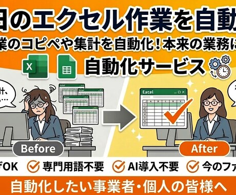 丸投げOK！エクセルやスプシ作業を自動化します ITの専門知識は不要です。面倒な入力や集計をサクッと効率化！ イメージ1