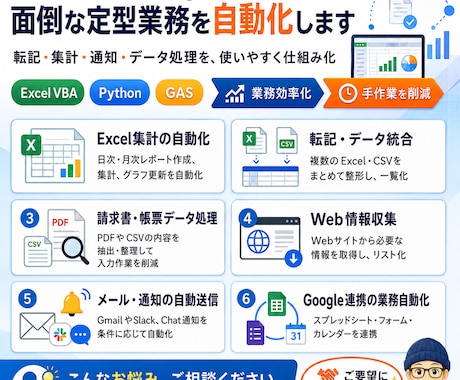 Excel・GASで面倒な業務を自動化します 社内SE歴20年。Excel・GAS最適なご提案をいたします イメージ1