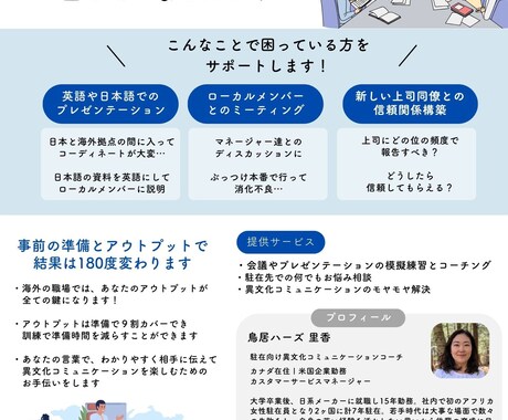 プレゼン資料の作成・添削・練習をお手伝いします 日本語・英語ともに対応可能。駐在員向けプランあり イメージ1