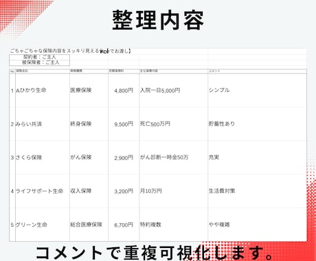 保険の重複・ムダを整理します 保障のダブりを確認できるPDF作成 イメージ2