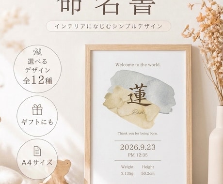 おしゃれな命名書♪人気の水彩デザインで作成します イメージ1