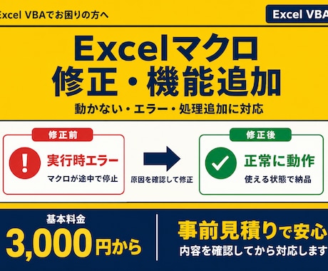Excelマクロのエラー修正・機能追加をしますます 動かない・使いにくいExcelマクロを改善します イメージ1