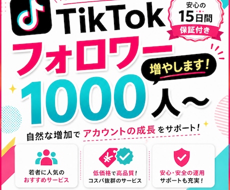 TikTokフォロワー1,000人～増やします オプションにて追加も可能！安心の15日間無償補填付きです！ イメージ1