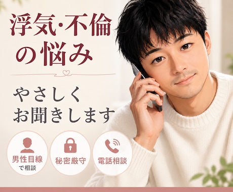 浮気・不倫の悩み、男性目線でやさしくお聞きします 誰にも言えない恋の悩みに本気で寄り添います イメージ1