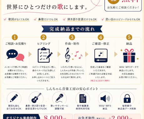 言葉だけでは伝えきれない想いを届けます あなたの想いを、世界にひとつだけの歌にします。 イメージ2