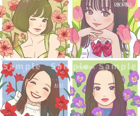 あなたにぴったりなお花を添えて似顔絵をお描きします SNSアイコンやプレゼントにオススメ♪ イメージ2