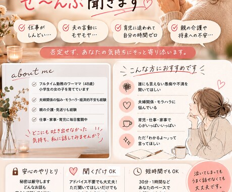 仕事 夫婦 育児のモヤモヤ全部聞きます 誰にも言えない悩み、最後まで否定せずお聞きします。 イメージ1