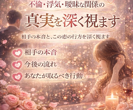 不倫相手の本音とこの関係の結末を霊視します 相手の本気度、今後どうなるか、あなたがどう動くべきかを視ます イメージ1