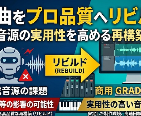 AI楽曲の商用利用リスク対策、再構築で支援します AIのアイデアを実用的な音源へ。権利と音質の向上をサポート。 イメージ1