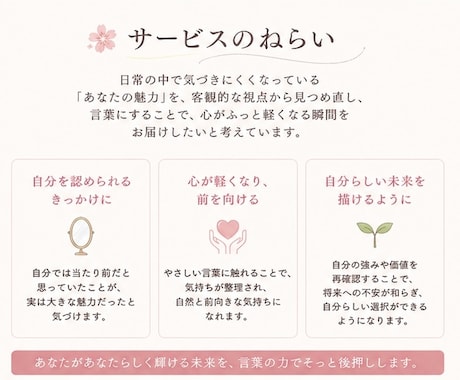 2000字超◇あなたの魅力をやさしく言語化します HSP気質の現役ライターが、あなたの魅力を丁寧に言葉にします イメージ2
