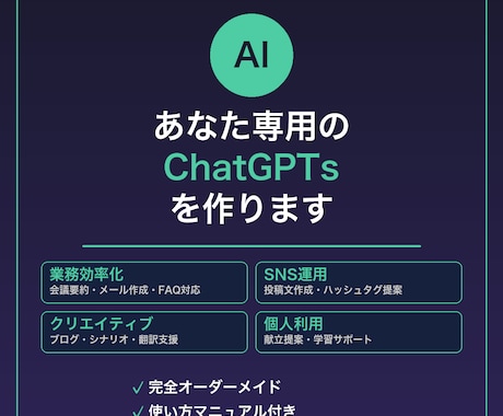 あなた専用のGPTsを作ります 業務効率化・接客・SNS運用など目的に合わせたAIを構築 イメージ1