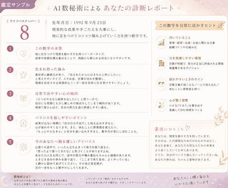 AI数秘術｜あなたの本質と心の傾向を読み解きます あなたの性質・心のクセ・疲れやすいポイントを丁寧に分析します イメージ2