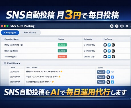 SNS自動投稿をAIで毎日運用代行します XとThreadsに毎日AIが自動投稿する仕組みを構築。 イメージ1