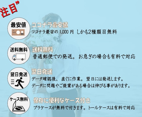 最安値！どんな結婚式放映用データもDVDにします 2種類目無料　BD対応　送料無料・翌日発送・ケース付き イメージ2