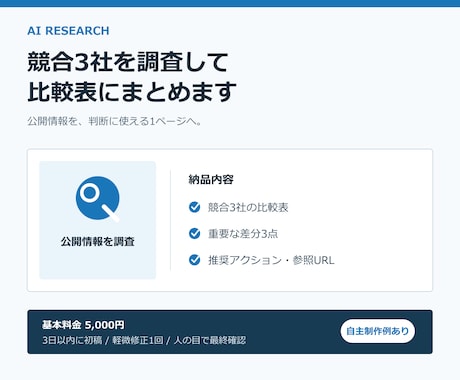 競合3社を調査して比較表にまとめます 公開情報を整理し推奨アクションまで提示します イメージ1