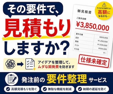 高額見積を防ぐ要件整理をします 作る前の30分で、数十万円変わることがあります。 イメージ1