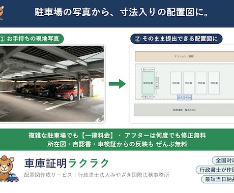 車庫証明の配置図を写真から作図します 寸法入り・全国対応｜複雑な駐車場でも一律料金、修正無料 イメージ1