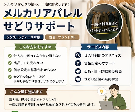 メルカリアパレルせどりの悩みを一緒に解決します せどり歴2年の実践者が仕入れ判断を丁寧にサポート イメージ1