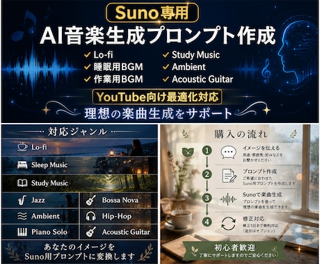 Suno専用AI音楽生成プロンプト目的別作成します 理想の音楽をSunoで形にするプロンプトを作成します イメージ1