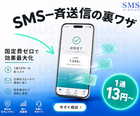 スマホ番号宛一斉送信を代行いたします 1通13円から、固定費ゼロで名前表示SMS、送信日時指定可能 イメージ1