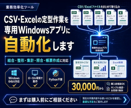 CSV・Excel業務を専用アプリ化します 結合・整形・集計・照合・帳票作成を自動化 イメージ1