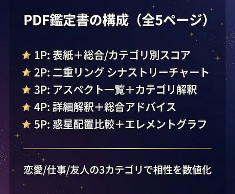 西洋占星術の相性鑑定書PDF自動生成ツール提供ます 2人のホロスコープから相性スコア＆鑑定書PDFを自動生成 イメージ2