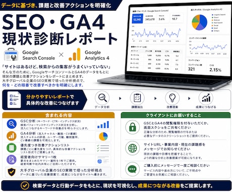 SEO・GA4現状診断改善リストレポート作成します 大手IT企業実務経験者がデータを分析し優先度つきで改善提案 イメージ1