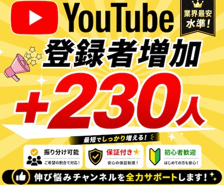 YouTube☆チャンネル登録230人増加します 自然な増加/収益化可能/減少なし/保証付き/実績多数 イメージ1