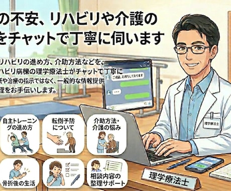 現役理学療法士がリハビリ相談に乗ります 退院後の不安や介護の悩みをチャットで気軽に相談 イメージ1