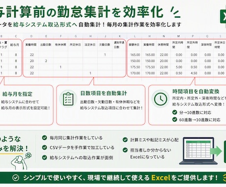 給与計算前の勤怠集計を効率化します 勤怠データを給与システム取込形式へ加工します イメージ2