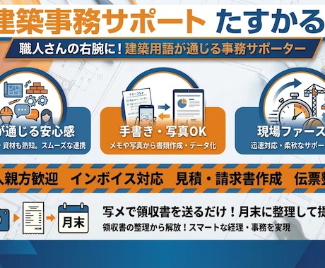事務を代行！現場に専念できる環境をプロが支えます 材料名も図面も理解。建築専門の事務サポートがあなたの右腕に！ イメージ1