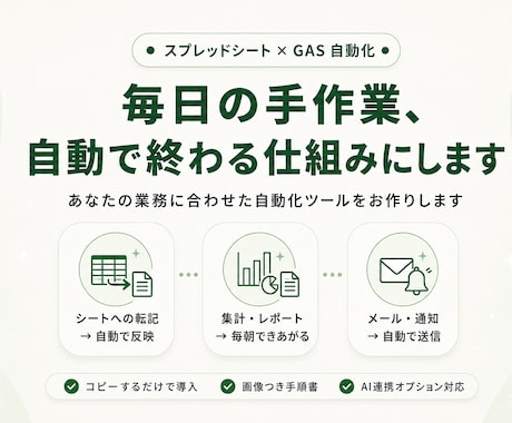 スプレッドシート業務をGASで自動化・効率化します 手作業の転記・通知を、コピーするだけの仕組みに変えます イメージ1