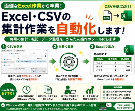 Excel・CSVの面倒な作業を自動化します 集計・転記・データ整理を簡単操作のツールにします イメージ2