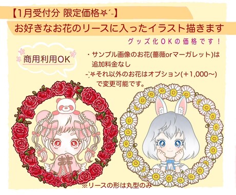 お花のリースに入ったイラスト描きます 【1月受付限定価格】商用利用,グッズ化OKの価格です！ イメージ1