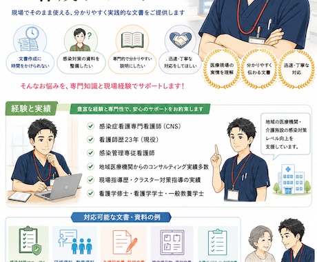 感染対策・医療関連文書の作成をサポートします 臨床経験を活かした、実践的な医療文書を作成いたします。 イメージ1