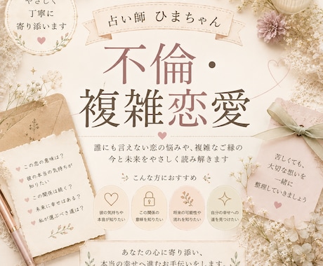 不倫・複雑恋愛のお相手の気持ちを読み解きます お相手の本音と恋の流れを丁寧に読み解きます イメージ1