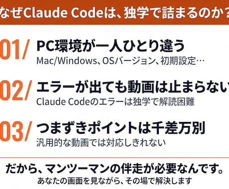 ClaudeCodeを3時間で動かせるようにします ClaudeCodeセットアップ+ツール作成|3時間マンツー イメージ2