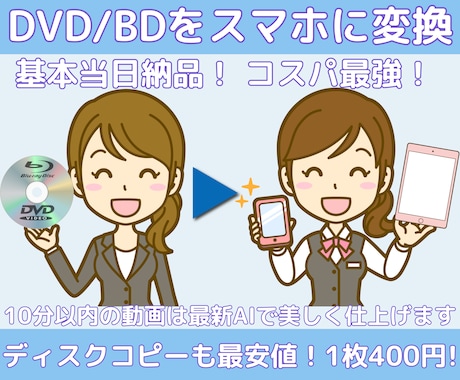 最安値！DVD・BDを基本当日にスマホ動画にします iPhone対応！2枚目~20%引き！コピーは1枚400円！ イメージ1