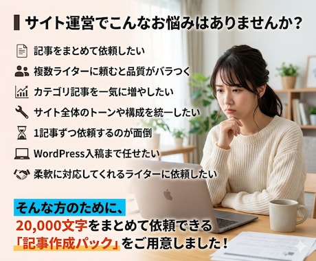 まとめてお得！SEO特化で2万文字執筆します 月間25万PVのプロライターが担当！記事数自由・入稿無料※1 イメージ2