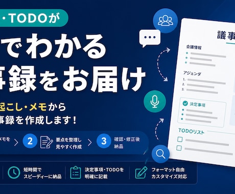 会議の文字起し・メモから見やすい議事録を作成します 決定事項・TODOが一目でわかる議事録をお届け イメージ1