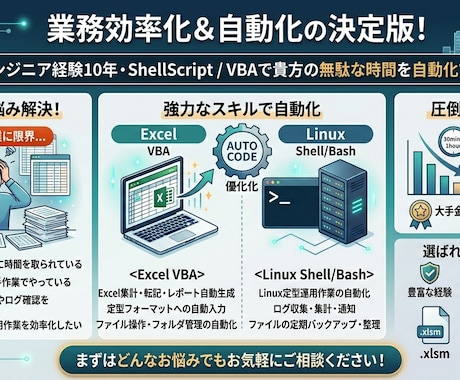 ShellScript・VBAで業務自動化します 定型作業を最短5分に。現役エンジニアが自動化します イメージ1
