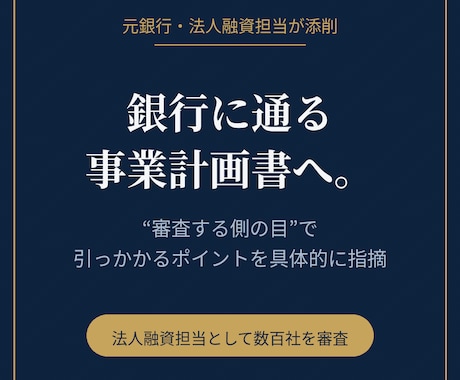 元銀行融資担当が事業計画書を審査目線で添削します 数百社を審査した元銀行の法人融資担当が「通る型」に整えます イメージ1
