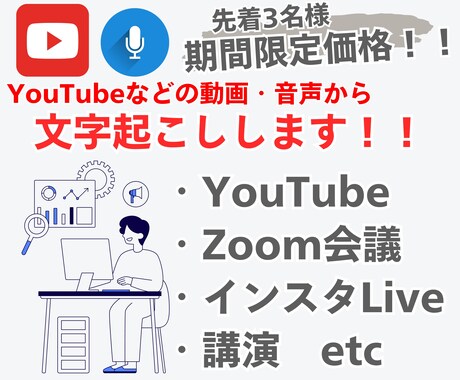 YouTubeなどの動画・音声から文字起こしします 先着3名様！サービス立ち上げ期につき期間限定の価格で提供中！ イメージ1