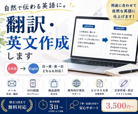 日本語を「自然で伝わる英語」にします 用途や相手に合わせて自然な表現に整えます。 イメージ2