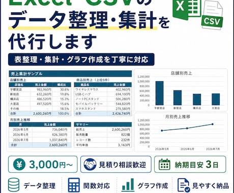 Excel・CSVのデータ整理・集計を代行します イメージ1